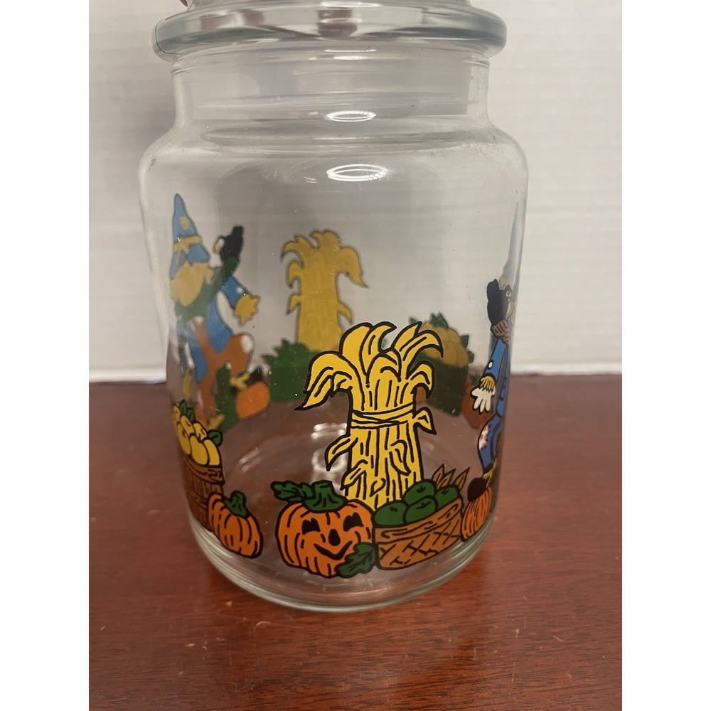 Vintage Libbey Glass Halloween Candy Jar W/ Lid Canister Scarecrow Pumpkin Patch - Picture 5 of 8